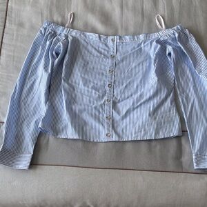 Guess Light Blue and White Striped Button-Front Top